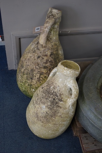 Two Roman style earthenware and plaster garden ewers, larger height 60cm